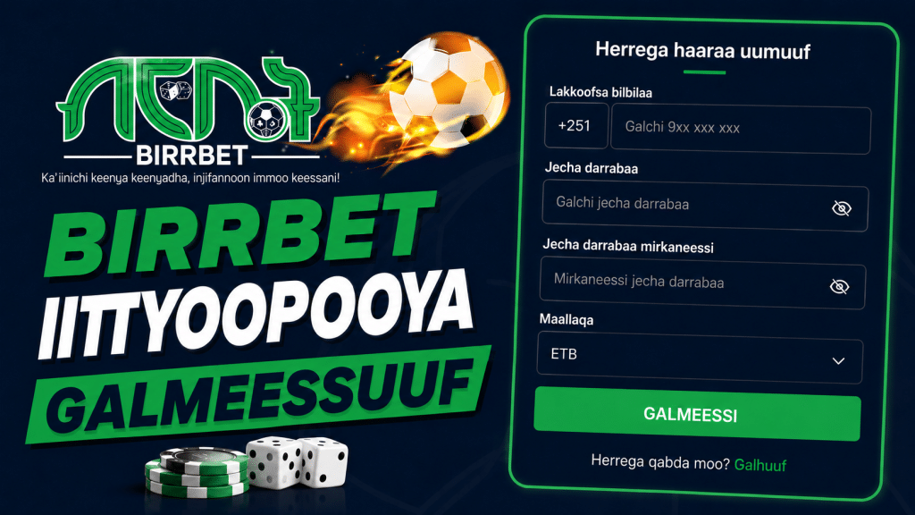 Promotional Birbet online betting banner with a flaming soccer ball, dice, and casino chips on the left; a green-bordered signup form on the right against a dark blue background