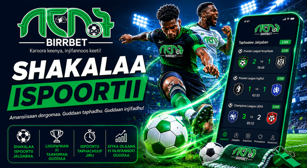 Promotional banner for Shakaloa Ispoortii with soccer players, large bold text, and a smartphone showing live scores on a Birbet app.