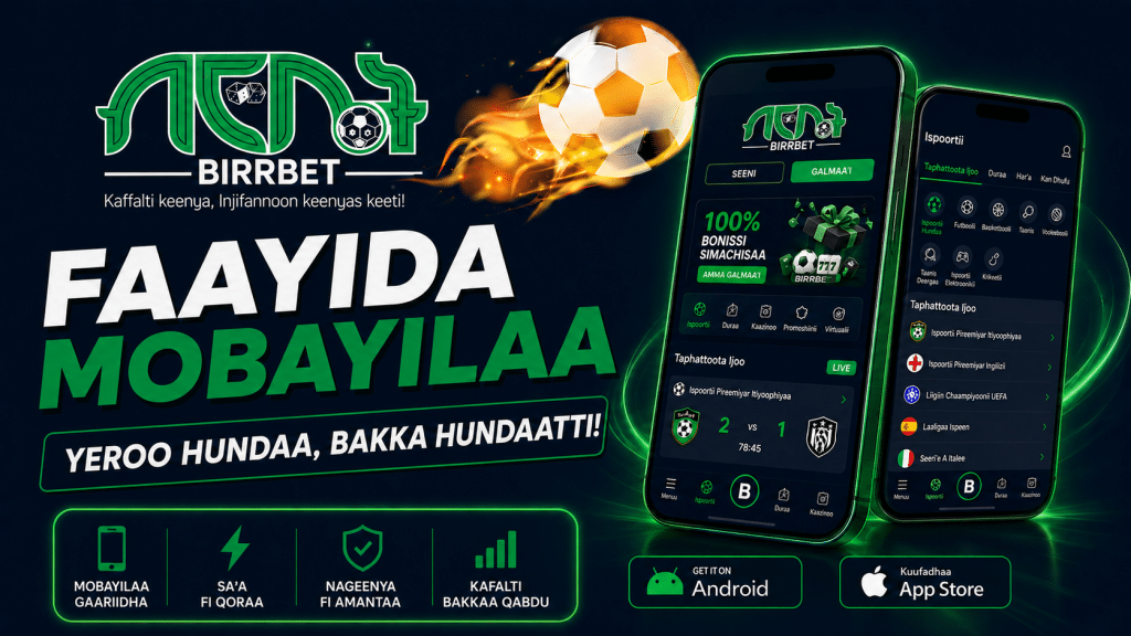 Promo banner for Birbet mobile betting app with neon green glow, logo, flaming soccer ball, and two phone screens showing the app interface.