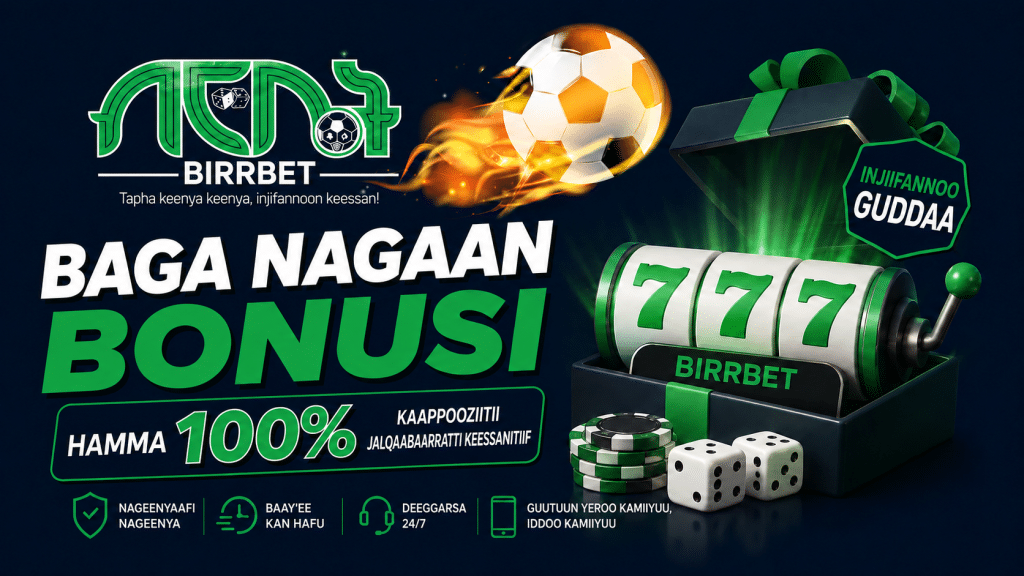 Birbet promo banner with a flaming soccer ball, slot reels, and a green gift box advertising a 100% bonus.