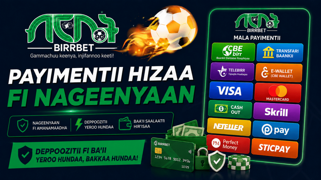 Birrbet promotional banner showing a flaming soccer ball and a grid of payment option buttons (Visa, Mastercard, Skrill, Neteller, cash out, e-wallet, bank transfers).