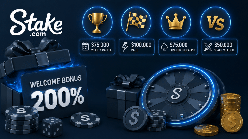Stake.com branding with a bold 'Welcome Bonus 200%' message amid casino-themed items like chips, dice, and a roulette wheel.