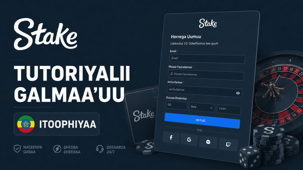 Dark blue Stake promotional banner with large white Oromo text, a tilted signup form card, and casino elements like a roulette wheel and poker chips on the right