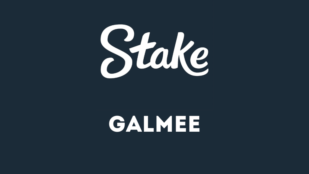 Logo: white cursive 'Stake' above bold 'GALMEE' on a dark blue background.