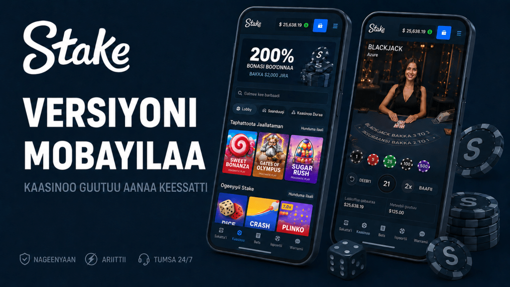 Promotional banner showing two tilted Stake app screens with casino games and a live dealer against a dark blue background, chips nearby.