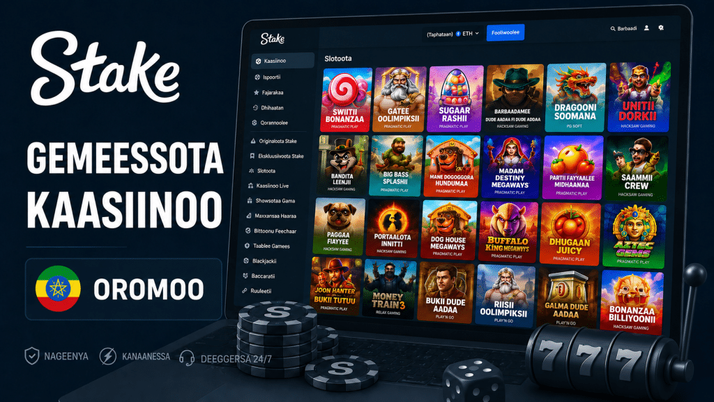 Promo banner for Stake online casino in Oromo, showing a laptop screen filled with colorful game icons and the Oromo flag.