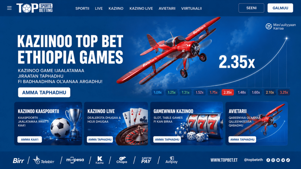 Blue online betting hero featuring a red Aviateur aircraft and a rising growth curve (2.35x), large white headline about Ethiopian games, subheading text, and a white rounded CTA reading 'AMMA TAPHADHU' with category tiles below.