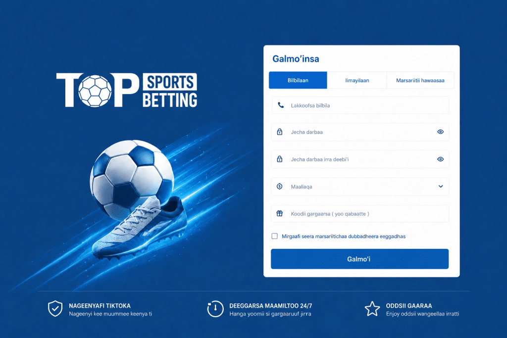 Blue hero: soccer ball and boot on the left, with a white blue-tabbed betting form on the right.