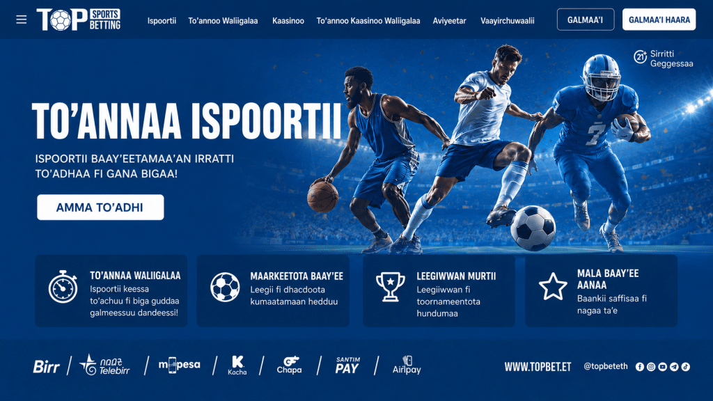 Hero banner for Top Sports Betting: three athletes (basketball and football) on a blue stadium backdrop with bold white headline and CTA button 'AMMA TO’ADHI'.