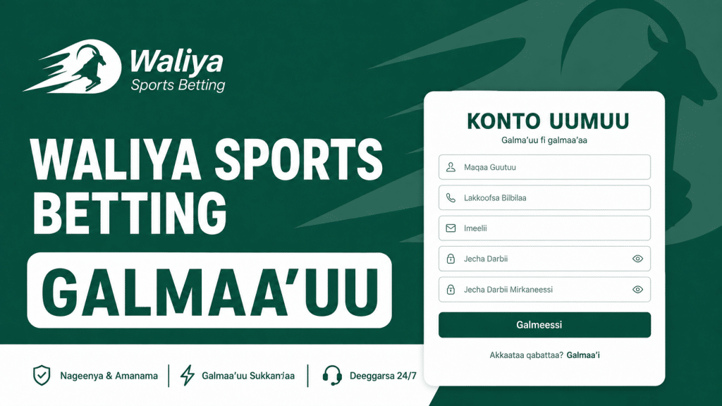 Waliiya Sports Betting hero banner with logo on the left, large white text, and a white rounded login panel on the right over a green background (Somali labels and button visible).
