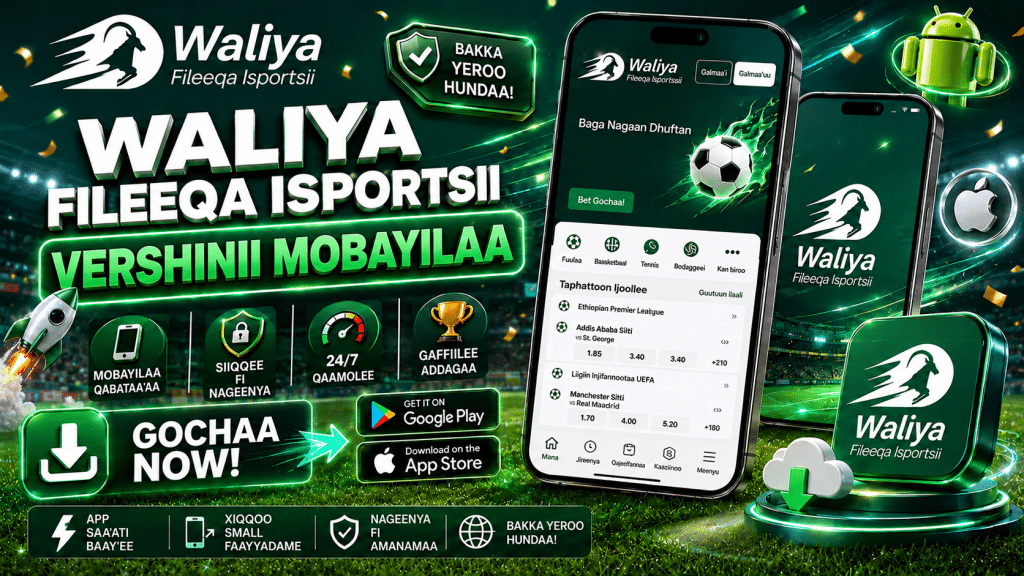 Promotional banner for the Waliya betting app with neon green accents, logo, and two smartphones displaying the app interface.