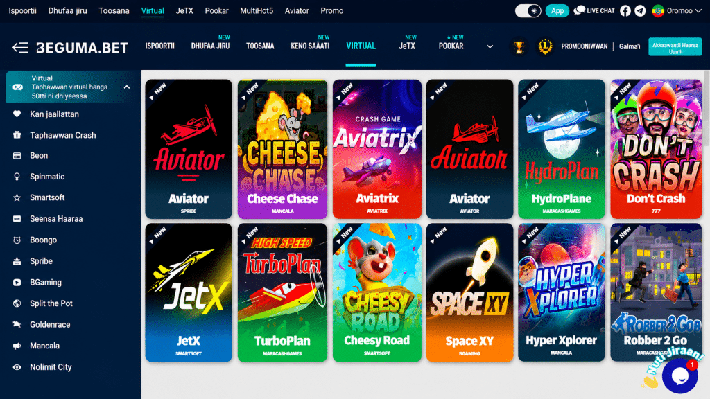Left navigation menu with a vertical list of game studios and a grid of colorful game cards on a virtual casino site.