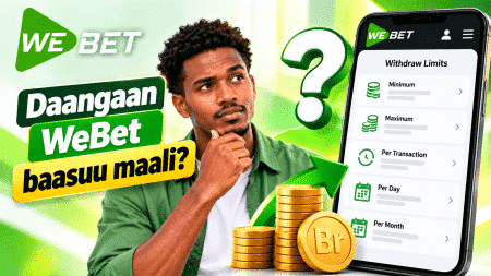 WeBet promotional banner: a thoughtful man, stacked coins, and a smartphone showing withdrawal limits (Minimum, Maximum, Per Transaction).