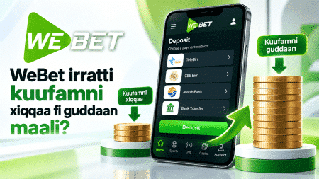 Marketing image for WeBet app showing a mobile screen with deposit options and green/coin graphics; conveys easy online betting deposits.
