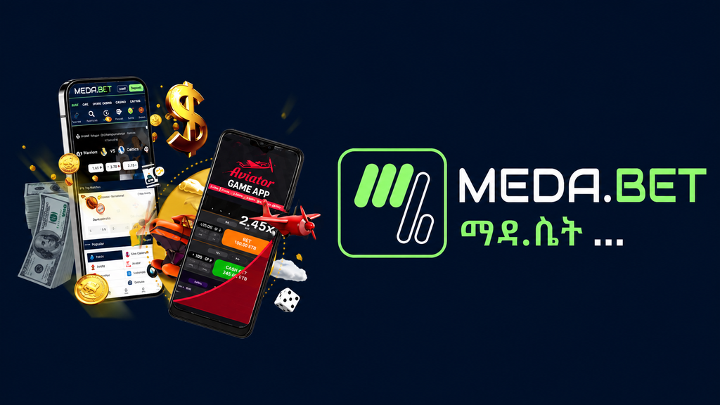 Promotional banner for MEDA.BET featuring two smartphones with betting apps, coins, cash, dice, and the MEDA.BET logo on a dark blue background.