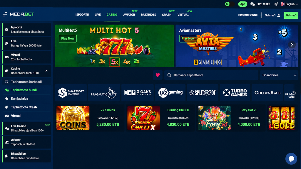 MedaBet casino homepage: left vertical navigation, two large promo banners, search bar, provider logos row, and game tiles