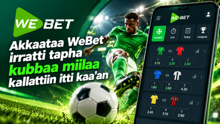 Soccer player in a green kit kicking a ball with a WeBet app screen shown on a tilted smartphone beside him