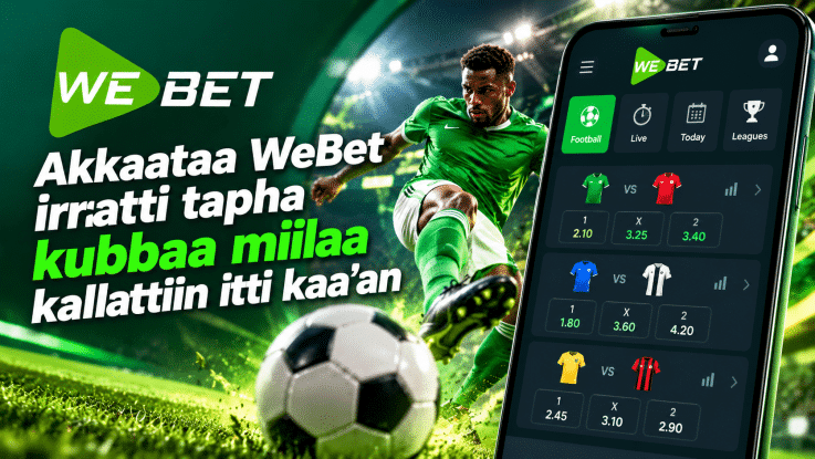 Soccer player in a green kit kicking a ball with a WeBet app screen shown on a tilted smartphone beside him