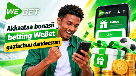 Promotional banner for WeBet: smiling man using a smartphone, with gift boxes, soccer ball and coin stacks in a bright green theme.