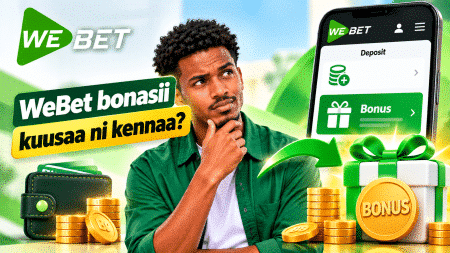 WeBet promotion banner with a thoughtful man, a smartphone screen showing Deposit and Bonus, and stacks of gold coins and a gift box.