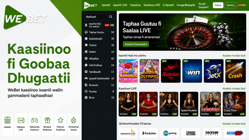 WeBet homepage featuring a green-branded hero on the left and a dark side menu with game categories, plus a main carousel showing roulette imagery and game icons on the right.