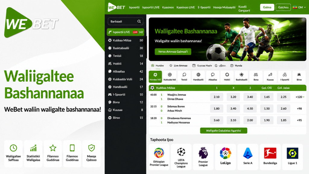 Hero banner for WeBet featuring a large green Somali headline and a right-side betting dashboard.
