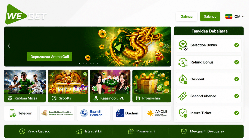 WebBet homepage hero with green dragon banner and category tabs on a white site header