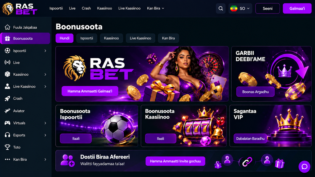 Online betting dashboard with a dark theme, left navigation rail, and a grid of purple promo banners.