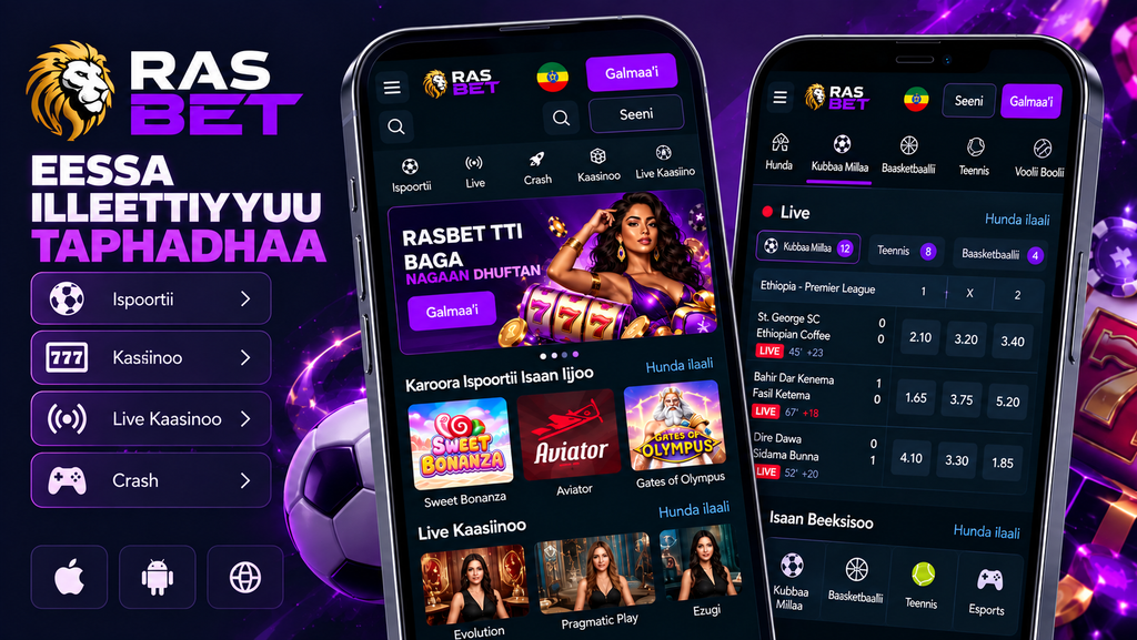 Promotional banner for Ras Bet app: dark purple casino/sports betting UI with two tilted phones showing menu items like Isporttii, Kassinoo, Live Kasinnoo, Crash and a purple logo.